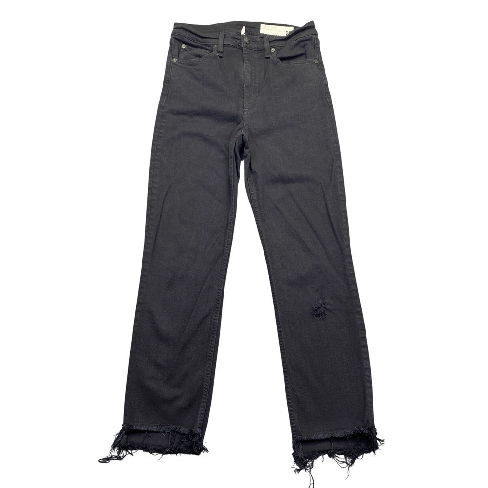 Rag & Bone Wren High-Rise‎ Slim Straight Jeans Black Distressed Raw Hem Sz 28